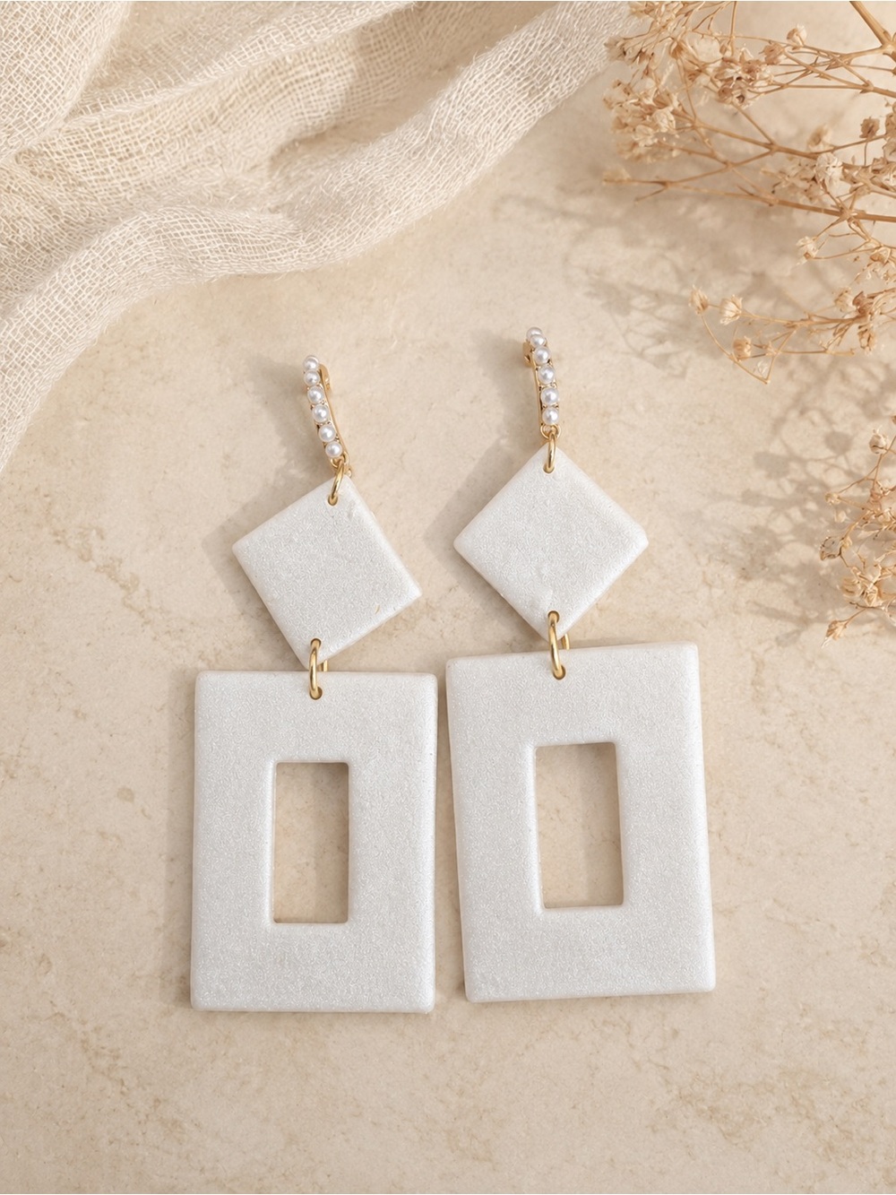 Minimalist White Geometric Drop Handmade Polymer Clay Earrings